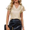 imageBlooming Jelly Womens Silk Dressy Casual Business Blouse Ruffle Sleeve Tops Summer V Neck Pleated Work ShirtsBeige