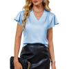 imageBlooming Jelly Womens Silk Dressy Casual Business Blouse Ruffle Sleeve Tops Summer V Neck Pleated Work ShirtsSky Blue
