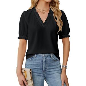 imageBlooming Jelly Women Dressy Causal Tops Ruffle V Neck Business Blouses Summer Work Shirts 2025Black