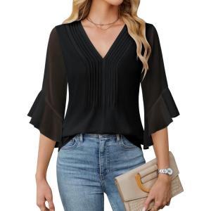 imageBlooming Jelly Womens 34 Length Sleeve Tops Dressy Casual Business Blouses Ruffle Work Shirts Summer OutfitsBlack