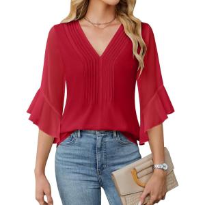 imageBlooming Jelly Womens 34 Length Sleeve Tops Dressy Casual Business Blouses Ruffle Work Shirts Summer OutfitsRed