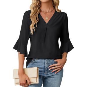 imageBlooming Jelly Womens 34 Length Sleeve Tops Summer Dressy Business Casual Blouses Work Shirts Chiffon V Neck Outfits 2025Black