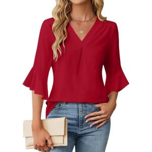 imageBlooming Jelly Womens 34 Length Sleeve Tops Summer Dressy Business Casual Blouses Work Shirts Chiffon V Neck Outfits 2025Red