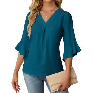imageBlooming Jelly Womens 34 Length Sleeve Tops Summer Dressy Business Casual Blouses Work Shirts Chiffon V Neck Outfits 2025Turquoise