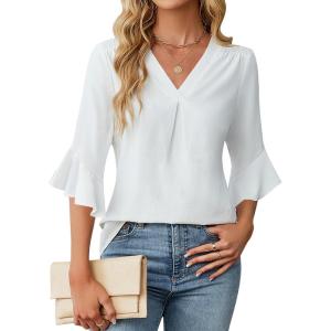 imageBlooming Jelly Womens 34 Length Sleeve Tops Summer Dressy Business Casual Blouses Work Shirts Chiffon V Neck Outfits 2025White