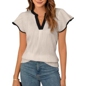 imageBlooming Jelly Womens Business Casual Blouses Short Ruffle Sleeve V Neck Dressy Tops Textured Ribbed Summer Trendy Work ShirtApricot