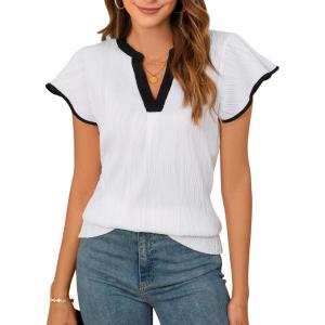 imageBlooming Jelly Womens Business Casual Blouses Short Ruffle Sleeve V Neck Dressy Tops Textured Ribbed Summer Trendy Work ShirtWhite