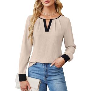 imageBlooming Jelly Womens Business Casual Long Sleeve Tops Color Block Fall Outfits 2025 Dressy Basic Work ShirtsBeige