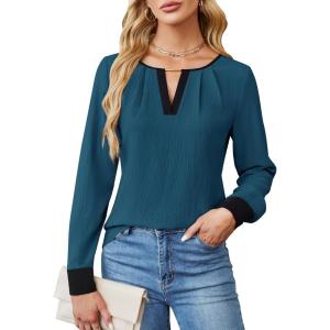 imageBlooming Jelly Womens Business Casual Long Sleeve Tops Color Block Fall Outfits 2025 Dressy Basic Work ShirtsBlue