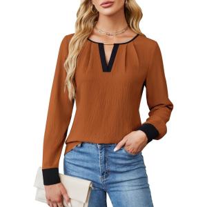 imageBlooming Jelly Womens Business Casual Long Sleeve Tops Color Block Fall Outfits 2025 Dressy Basic Work ShirtsCaramel