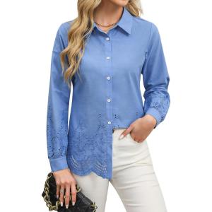 imageBlooming Jelly Womens Business Casual Tops Button Down Long Sleeve Shirts Collared Embroidered Blouses 2024 Fall OutfitsBlue