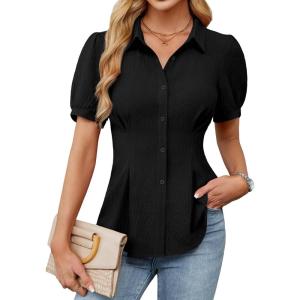 imageBlooming Jelly Womens Business Casual Tops Button Down Shirts Dressy Smocked Peplum Blouses Trendy Summer Outfits 2025Black