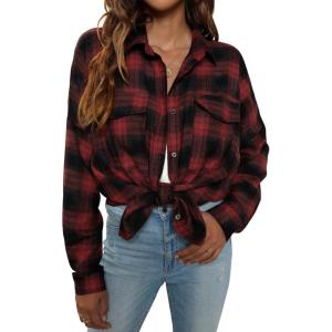 imageBlooming Jelly Womens Button Down Flannel Shirts Plaid Shacket Long Sleeve Collared Business Casual Tops Work BlousesBlack and Red Plaid