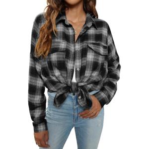 imageBlooming Jelly Womens Button Down Flannel Shirts Plaid Shacket Long Sleeve Collared Business Casual Tops Work BlousesBlack and White Plaid
