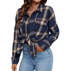 imageBlooming Jelly Womens Button Down Flannel Shirts Plaid Shacket Long Sleeve Collared Business Casual Tops Work BlousesBlue Plaid