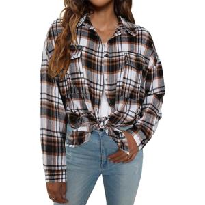 imageBlooming Jelly Womens Button Down Flannel Shirts Plaid Shacket Long Sleeve Collared Business Casual Tops Work BlousesBrown and Black Plaid