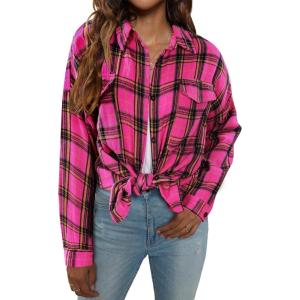 imageBlooming Jelly Womens Button Down Flannel Shirts Plaid Shacket Long Sleeve Collared Business Casual Tops Work BlousesHot Pink Plaid