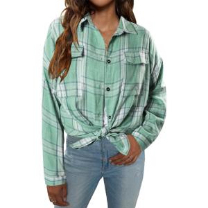 imageBlooming Jelly Womens Button Down Flannel Shirts Plaid Shacket Long Sleeve Collared Business Casual Tops Work BlousesLight Green Plaid