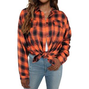imageBlooming Jelly Womens Button Down Flannel Shirts Plaid Shacket Long Sleeve Collared Business Casual Tops Work BlousesOrange and Black Plaid