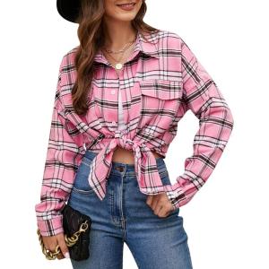 imageBlooming Jelly Womens Button Down Flannel Shirts Plaid Shacket Long Sleeve Collared Business Casual Tops Work BlousesPink and Black Plaid