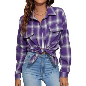 imageBlooming Jelly Womens Button Down Flannel Shirts Plaid Shacket Long Sleeve Collared Business Casual Tops Work BlousesPurple Plaid