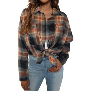 imageBlooming Jelly Womens Button Down Flannel Shirts Plaid Shacket Long Sleeve Collared Business Casual Tops Work BlousesSandy Brown and Black Plaid