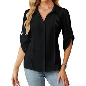 imageBlooming Jelly Womens Button Down Shirt 34 Sleeve Collared Pleated Business Casual Tops Ladies Trendy Summer Work BlouseBlack