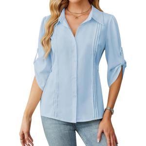 imageBlooming Jelly Womens Button Down Shirt 34 Sleeve Collared Pleated Business Casual Tops Ladies Trendy Summer Work BlouseLight Blue
