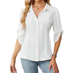 imageBlooming Jelly Womens Button Down Shirt 34 Sleeve Collared Pleated Business Casual Tops Ladies Trendy Summer Work BlouseWhite