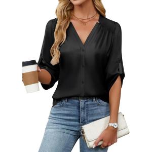 imageBlooming Jelly Womens Button Down Shirts 34 Sleeve Dressy Casual Tops Pleated Satin Silk Business Blouses 2025Black