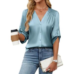 imageBlooming Jelly Womens Button Down Shirts 34 Sleeve Dressy Casual Tops Pleated Satin Silk Business Blouses 2025Turquoise