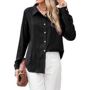 imageBlooming Jelly Womens Button Down Shirts Linen Long Sleeve Tops Business Casual Outfits Fall Pleated Trendy BlousesBlack