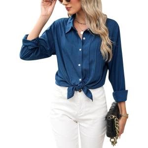 imageBlooming Jelly Womens Button Down Shirts Linen Long Sleeve Tops Business Casual Outfits Fall Pleated Trendy BlousesBlue