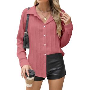 imageBlooming Jelly Womens Button Down Shirts Linen Long Sleeve Tops Business Casual Outfits Fall Pleated Trendy BlousesPink