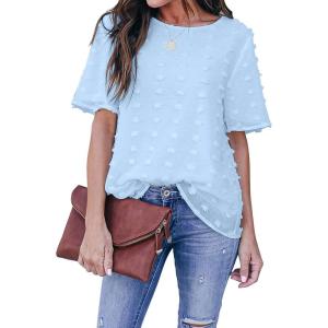 imageBlooming Jelly Womens Chiffon Blouse Summer Casual Round Neck Short Sleeve Pom Pom Shirts TopBlue