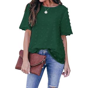imageBlooming Jelly Womens Chiffon Blouse Summer Casual Round Neck Short Sleeve Pom Pom Shirts TopGreen1