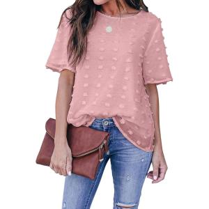 imageBlooming Jelly Womens Chiffon Blouse Summer Casual Round Neck Short Sleeve Pom Pom Shirts TopHeather Pink