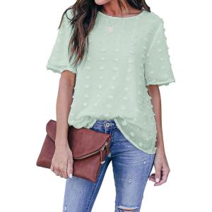 imageBlooming Jelly Womens Chiffon Blouse Summer Casual Round Neck Short Sleeve Pom Pom Shirts TopMint