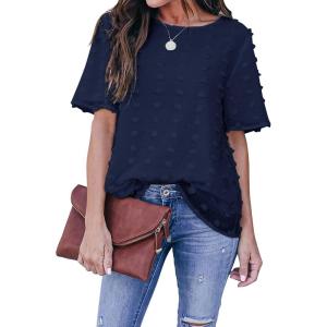 imageBlooming Jelly Womens Chiffon Blouse Summer Casual Round Neck Short Sleeve Pom Pom Shirts TopNavy Blue