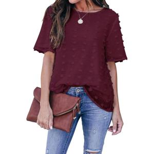 imageBlooming Jelly Womens Chiffon Blouse Summer Casual Round Neck Short Sleeve Pom Pom Shirts TopRed