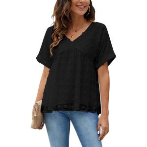 imageBlooming Jelly Womens Chiffon Blouse Summer Casual Round Neck Short Sleeve Pom Pom Shirts TopRuffle Black