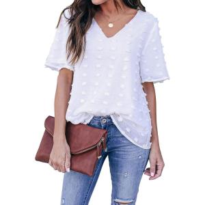 imageBlooming Jelly Womens Chiffon Blouse Summer Casual Round Neck Short Sleeve Pom Pom Shirts TopWhite1