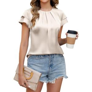 imageBlooming Jelly Womens Dressy Business Casual Blouse Pleated Ruffle Short Sleeve Satin Silk Work Shirt Summer Tops 2025Apricot