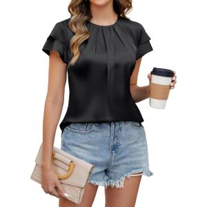 imageBlooming Jelly Womens Dressy Business Casual Blouse Pleated Ruffle Short Sleeve Satin Silk Work Shirt Summer Tops 2025Black