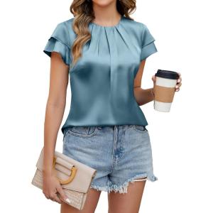 imageBlooming Jelly Womens Dressy Business Casual Blouse Pleated Ruffle Short Sleeve Satin Silk Work Shirt Summer Tops 2025Turquoise