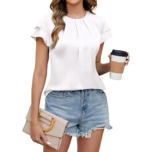 imageBlooming Jelly Womens Dressy Business Casual Blouse Pleated Ruffle Short Sleeve Satin Silk Work Shirt Summer Tops 2025White