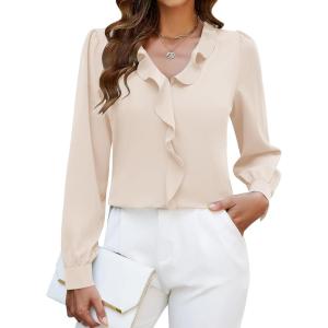 imageBlooming Jelly Womens Dressy Casual Blouse Business Long Sleeve Tops Ruffle V Neck Work Shirt Fall Outfit 2024Apricot