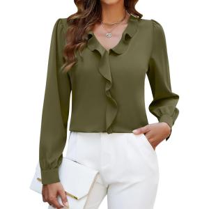 imageBlooming Jelly Womens Dressy Casual Blouse Business Long Sleeve Tops Ruffle V Neck Work Shirt Fall Outfit 2024Army Green