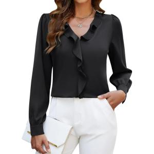 imageBlooming Jelly Womens Dressy Casual Blouse Business Long Sleeve Tops Ruffle V Neck Work Shirt Fall Outfit 2024Black