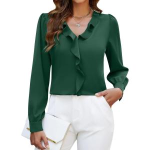 imageBlooming Jelly Womens Dressy Casual Blouse Business Long Sleeve Tops Ruffle V Neck Work Shirt Fall Outfit 2024Dark Green